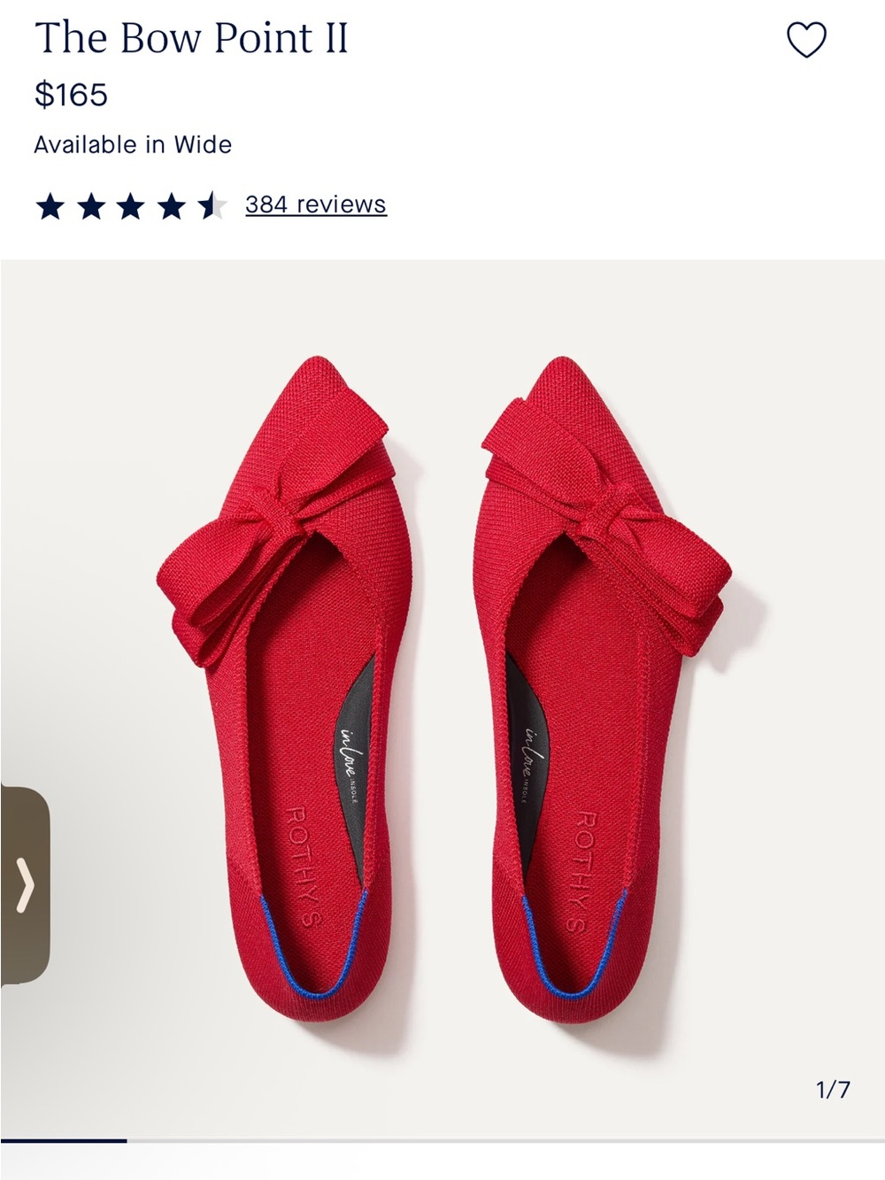 Rothy's Bow Point II Ballet Flat in Red with Bow. New. Size 8